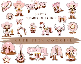 Imágenes prediseñadas de vaquera linda, imágenes prediseñadas de vaquera rosa en acuarela, imágenes prediseñadas de vaquera rosa PNG, paquete de imágenes prediseñadas de niña bebé, imágenes prediseñadas de guardería de vaquera del salvaje oeste kawaii png