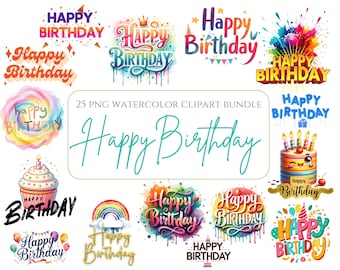 Paquete de 25 imágenes prediseñadas de feliz cumpleaños en acuarela, imágenes prediseñadas de palabras de feliz cumpleaños, imágenes prediseñadas de feliz cumpleaños, conjunto de feliz cumpleaños, imágenes prediseñadas de letras de feliz cumpleaños, cumpleaños PNG