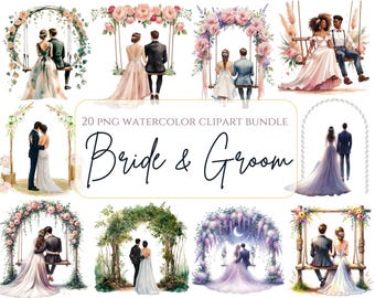 Novia y novio de vuelta Clipart Novia y novio en columpio Día de la boda Clipart PNG Matrimonio Clipart Recién casados Clipart Novia y novio Png