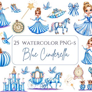 Blue Cinderella PNG Clipart – Fairy Tale Princess, Castle, Glass Slipper & Pumpkin Carriage, Birthday Party and Princess Digital stickers