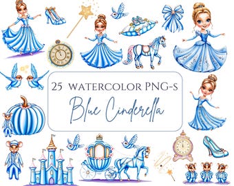 Blue Cinderella PNG Clipart – Fairy Tale Princess, Castle, Glass Slipper & Pumpkin Carriage, Birthday Party and Princess Digital stickers