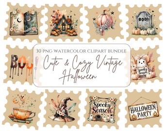 Paquete de imágenes prediseñadas de Halloween estilo bohemio vintage con fantasmas pastel, calabazas, sombreros de bruja, temporada espeluznante floral y sellos de Halloween otoñal estilo cottagecore.