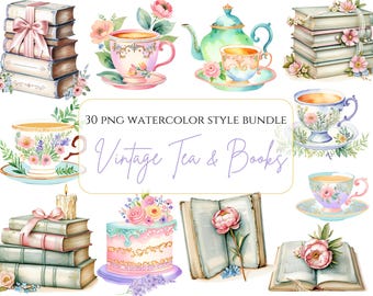 Clipart de libro floral y tazas de té vintage de acuarela, libro vintage png, clipart de libro de acuarela, taza de té con flores para la hora del té, fiesta del té retro rococó