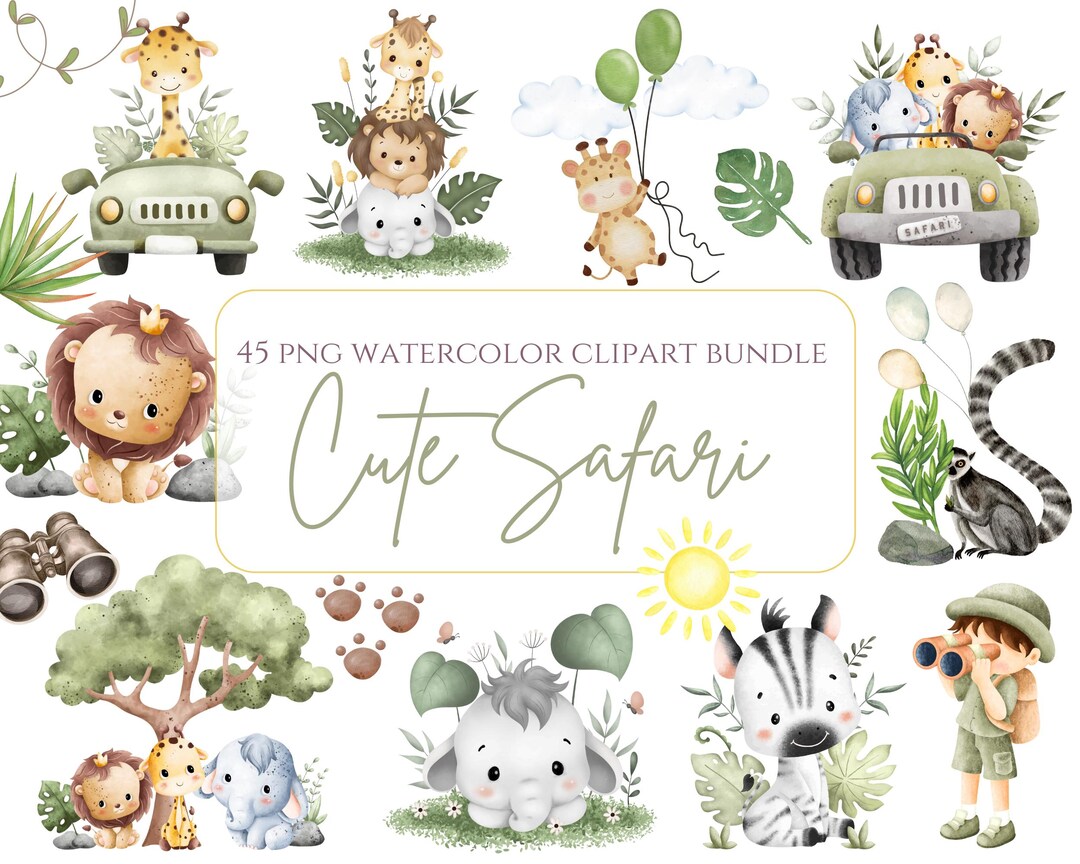 Cute Safari Animals Jungle Animals PNG Watercolor Nursery Clipart ...