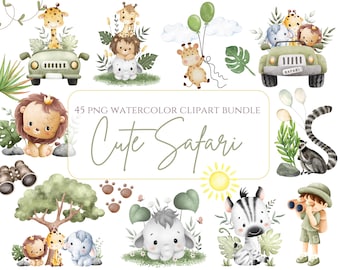 Lindos animales de safari, animales de la selva, PNG, acuarela, guardería, clipart, cumpleaños, sublimación, baby shower, clipart, animales de safari, clipart