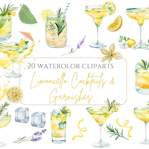 Clipart acquerello di cocktail al limoncello, Margarita al limone, Limonata Spritz, Cocktail speciali, Bevanda speciale, Cocktail analcolico agli agrumi, Bar di guarnizioni