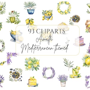 Pacchetto Clipart Mediterraneo Acquerello Limone Lavanda Oliva Motivi Costiera Amalfitana PNG Italiano Download Digitale Giallo Agrumi Lilla Fiore