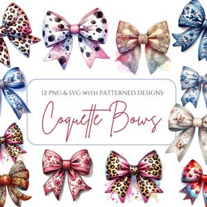 Puede incluir: Una colección de doce lazos decorativos con varios patrones y diseños. Los lazos presentan detalles florales, de estampado animal y de encaje en colores como rosa, azul y dorado. El texto en la imagen dice "Coquette Bows."