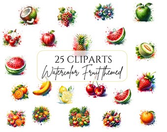 Watercolor Fruit Clipart Dripping Fruits PNG Fruity Illustration Watercolor Fruits PNG Elements Fruiit Clip Art Bundle Commercial Use