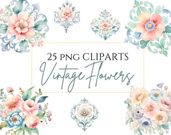 Clipart de acuarela floral vintage, flores de acuarela png, ilustraciones botánicas para invitación de boda, flores barrocas, flores rococó png