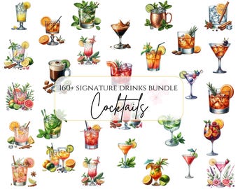 Watercolor Cocktail Clipart Bundle Signature Cocktail png Alcohol Illustrations Alcohol Beverage Clipart Wedding Drinks Bar Menu Digital