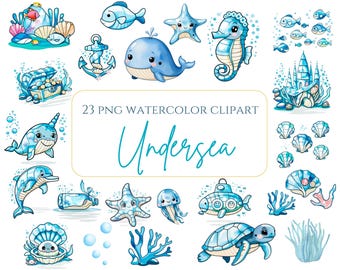 Under the Sea Clipart Undersea watercolor Clipart Nursery Decor Octopus Jellyfish Whale Cute Ocean animals Watercolor Sea Animals png