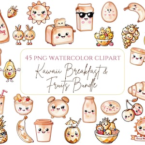 Cute Kawaii Clipart png Kawaii Icons Breakfast and Fruit Stickers Cute Watercolor Kawaii Food Art Digital Stickers and Sublimation