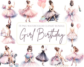 Clipart de fiesta de cumpleaños para niñas, clipart imprimible, acuarela rosa, clipart PNG de alta calidad, manualidades de papel, diarios basura, globos de cumpleaños, pasteles