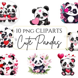 Clipart de panda en acuarela, clipart de amor de panda, lindo bebé panda PNG, ilustraciones de panda rosa, día de San Valentín, cumpleaños infantiles, baby shower
