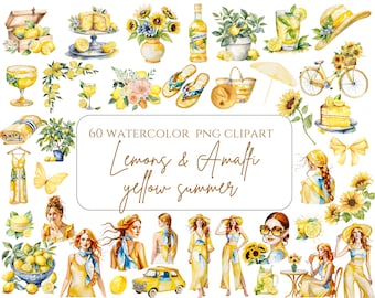 Clipart de verano mediterráneo en acuarela, limones mediterráneos, limones de acuarela, verano de Amalfi, verano italiano, PNG, vacaciones de Amalfi, limón lindo