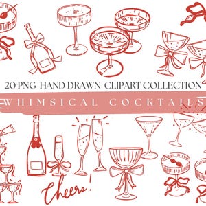 Cocktail disegnati a mano PNG Cocktail d'autore Clipart Illustrazioni di bevande Vintage Matrimonio stravagante PNG Inviti nuziali Torre di champagne