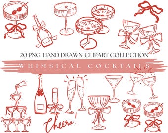 Hand Drawn Cocktails PNG Signature Cocktail Clipart Drink Illustrations Vintage Whimsical Wedding PNG Bridal Invites Champagne Tower