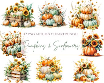 Clipart de calabaza, calabazas y girasoles, acuarela, clipart de otoño, ramos de otoño, paquete de clipart de calabaza de otoño, calabaza PNG, girasoles PNG