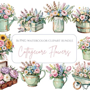Clipart de arranjo floral vintage, buquês de flores em aquarela em potes de vidro, bules e cestas, clipart de flores rústicas em PNG