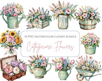 Arreglo floral vintage, ramos de flores de acuarela en tarros de cristal, teteras y cestas, estilo rústico cottagecore, PNG, flores campestres.