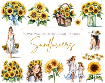 Clipart de girasol Acuarela Girasol PNG Ramo floral Corona de girasol Acuarela Girasoles Clipart Paquete Otoño Girasol Flor de otoño