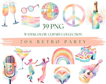 Retro Vibes 70's Watercolor Retro Party png Pastel Retro good vibes clipart Groovy 70s vibes Peace Sign Retro disco 70s aesthetic