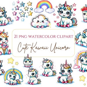 Süßes Einhorn Bündel Aquarell Kawaii Einhorn PNG Süßes Baby Einhorn Illustration Pastell Fantasy Regenbogen Digitaler Download für Sublimation