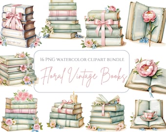 Clipart de libro floral, libro vintage png, libros estilo shabby chic pastel, paquete de clipart de libro de acuarela, clipart para amantes de los libros, libro floral png