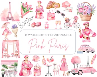 Lot de cliparts Paris rose romantique Paris clipart vintage Collection Paris mignon rétro aquarelle Paris Clipart Tour Eiffel Macaron