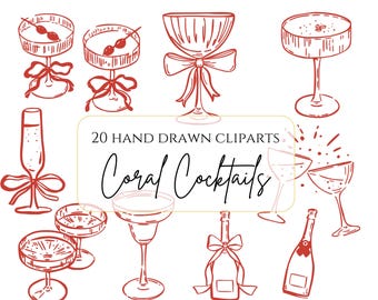 Cocktail Clipart Hand Drawn Trendy Cocktails Signature Cocktail Illustration Retro Whimsical Wedding Drink Bridal Invite Champagne Tower PNG