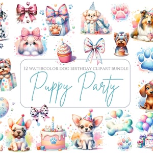 Aquarell Hund Png Süßer Hund Geburtstagsparty Clipart Welpen Party Clipart Aquarell Welpen, Partyhüte, Bögen & Bone Cakes Sublimation