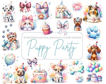 Clipart de fiesta de cachorros, acuarela, fiesta de cumpleaños de cachorros, png, lindo clipart de cachorro, sombreros, lazos y pasteles de hueso para fiesta de perros, sublimación, invitación para fiesta de cachorros