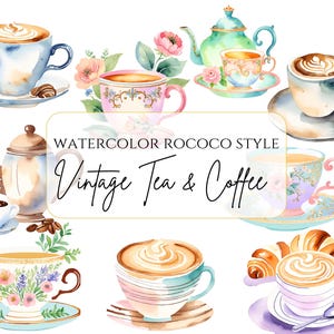 Pode incluir: Ilustração de aquarela de xícaras de chá e café vintage em estilo rococó. As xícaras são decoradas com motivos florais e estão cheias de chá e café. O texto "Watercolor Rococo Style Vintage Tea & Coffee" está escrito em uma moldura dourada.