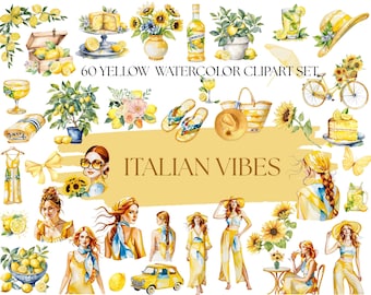May include: A set of 60 watercolor clipart illustrations featuring yellow lemons, sunflowers, and Italian-inspired elements. The clipart set is titled "60 Yellow Watercolor Clipart Set Italian Vibes".