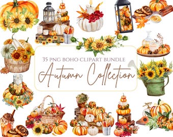 Paquete de imágenes prediseñadas de calabazas: calabazas y flores de acuarela PNG, ramos de calabaza de otoño, girasoles otoñales caprichosos, imágenes prediseñadas rústicas de Acción de Gracias
