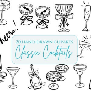 Cócteles minimalistas PNG Cóctel de autor Clipart Ilustraciones de bebidas en blanco y negro dibujadas a mano Invitaciones de boda vintage caprichosas PNG