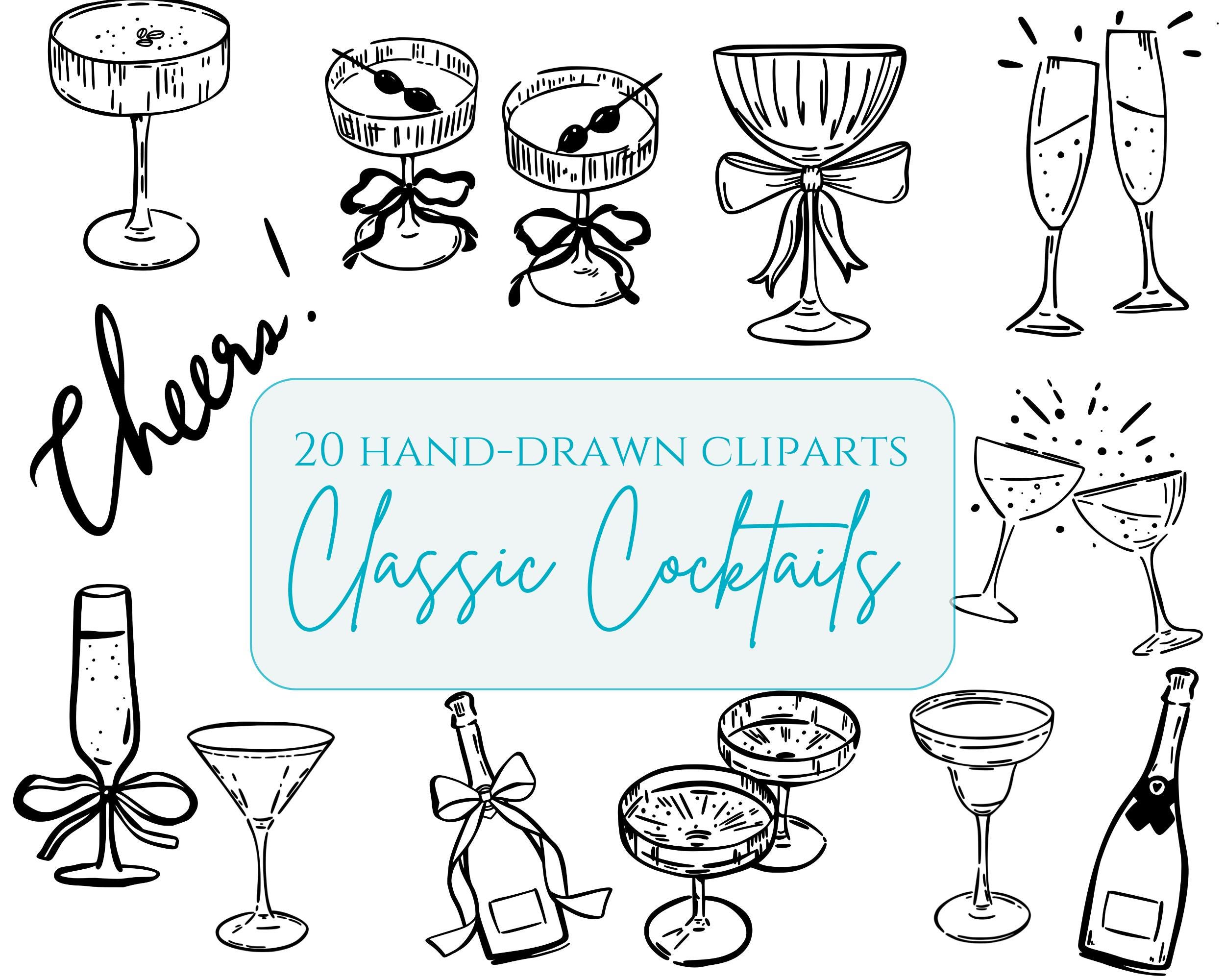 Minimalist Cocktails PNG Signature Cocktail Clipart Hand Drawn Black and White Drink Illustrations Vintage Whimsical Wedding PNG Invites
