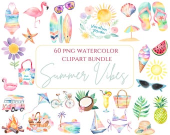 Retro Summer Bundle Summer Sublimation Designs Tropical Vacation PNG Watercolor Beach Travel Summer Vibes Digital Stickers Summer Beach png