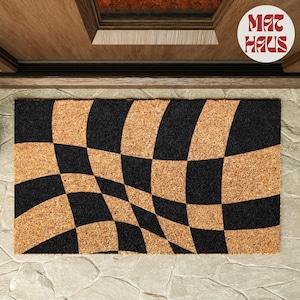 Wavy Checkerboard Pattern Doormat | Housewarming Gift | Natural Coir Doormat | Porch Gift | Wedding Gift | Home Gift Doormat