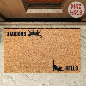 Hola, adiós, gato / Felpudo de fibra de coco personalizado / Regalo de inauguración de la casa / Felpudo de fibra de coco natural / Felpudo de bienvenida para la puerta de entrada / Idea de regalo para el porche / Regalo familiar