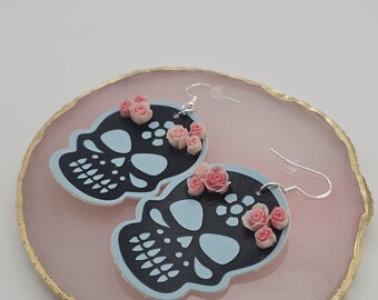 Day of the Dead Skull Earrings – Handmade Faux Leather Sugar Skull Jewellery with Roses, Lightweight Halloween Statement Earrings