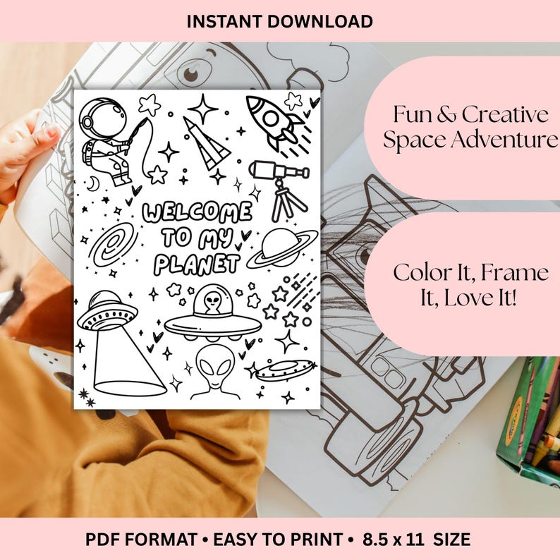 May include: Black and white line art coloring page with space-themed illustrations, including an astronaut, rocket, planets, and aliens. Text reads "WELCOME TO MY PLANET". The page is 8.5 x 11 inches.