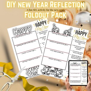 May include: A DIY New Year reflection foldout pack with the text "Happy New Year" and prompts for self-reflection. Includes a pair of scissors and a yellow ribbon. A tablet displays a digital version of the foldout.