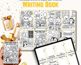 May include: A New Year mini coloring and writing book with cartoon animals and the text "Happy New Year's Mini Coloring Book." The image shows a hand holding the book, a tablet, and a grid of coloring pages with the year 2025.