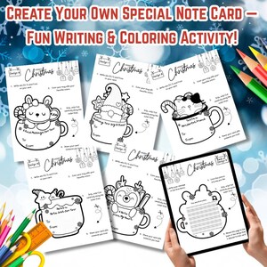 May include: A set of Christmas-themed note cards with illustrations of mugs featuring a bunny, gnome, cat, bear, and reindeer. The cards are designed for writing and coloring, with text that reads "Create Your Own Special Note Card - Fun Writing & Coloring Activity!"
