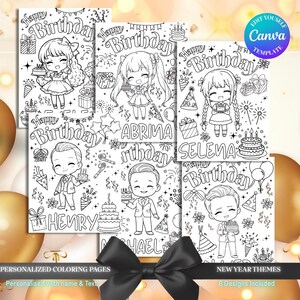 May include: A collection of black and white coloring pages with birthday themes. Each page features a cartoon character holding a cake, with the words "Happy Birthday" and a name. The pages are decorated with party elements.