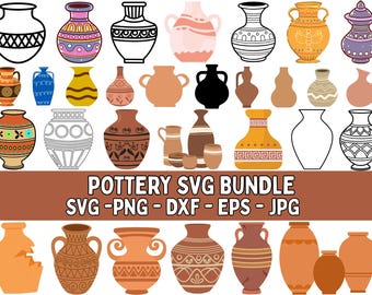 May include: A collection of various pottery designs, including vases and jars, in different shapes, colors, and patterns. The image includes the text "POTTERY SVG BUNDLE SVG-PNG-DXF - EPS - JPG".