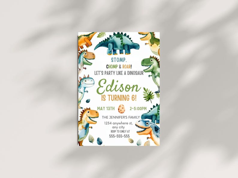 Editable Dinosaur Birthday Party Invitation Template, Editable ...