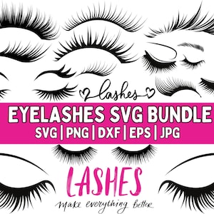 Könnte beinhalten: Eine Sammlung schwarzer Wimperndesigns in verschiedenen Stilen, mit dem Text "EYELASHES SVG BUNDLE" auf einem pinkfarbenen Banner. Das Bundle enthält SVG-, PNG-, DXF-, EPS- und JPG-Dateiformate. Das Wort "LASHES" ist ebenfalls abgebildet.